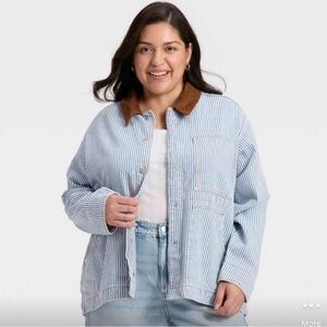 Universal Thread Blue Striped Jean Barn Jacket with Brown Collar Size XXL
